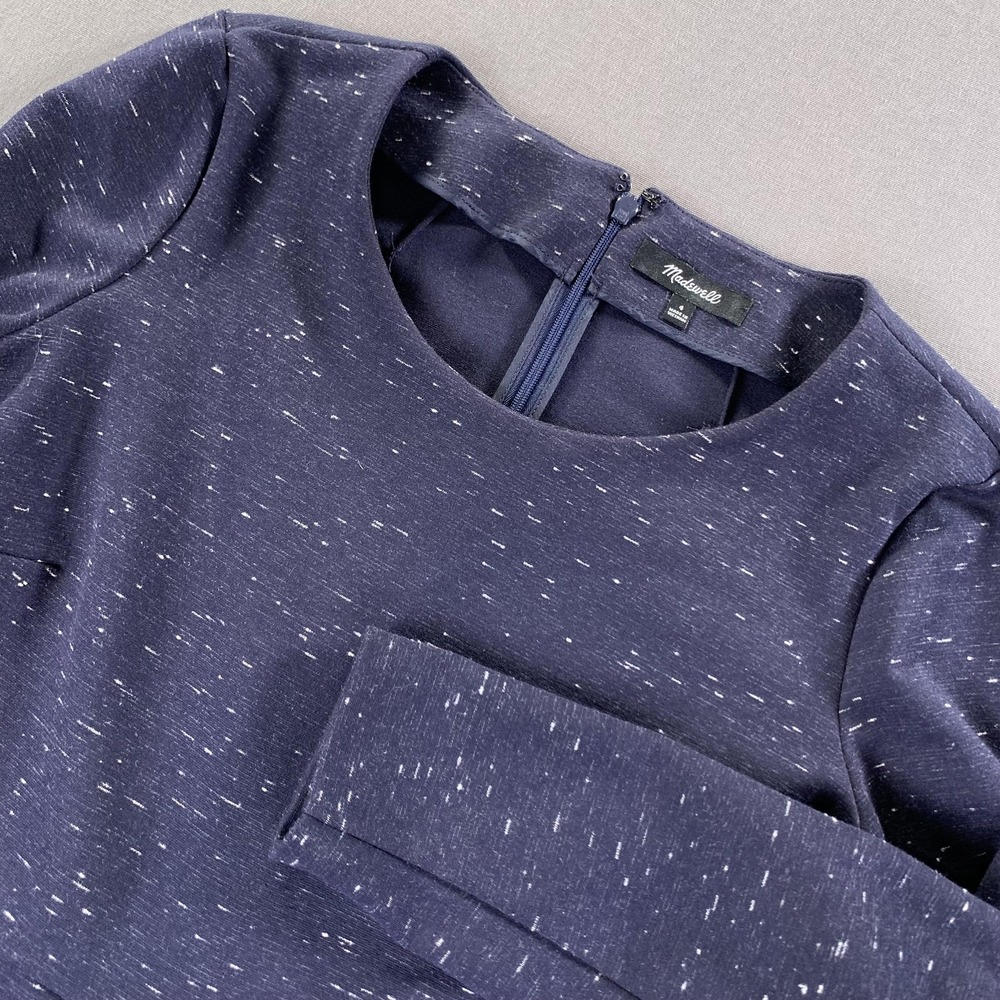 Madewell Gia Marled Dress Womens 4 Navy Speckled Knit Long Sleeve Flare Pleated